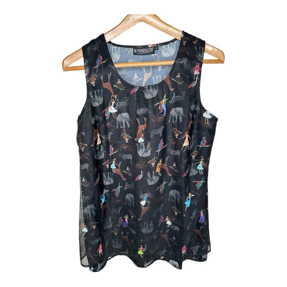 Pyramid Collection Satin Tank Top Mesh Overlay Safari Embroidered Size Medium
